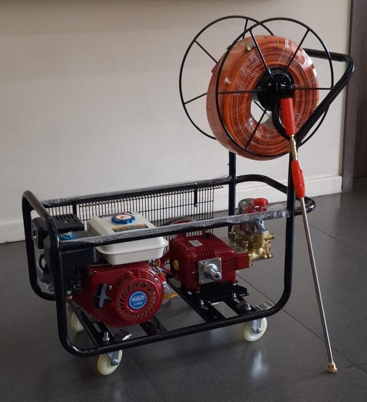 8a66967d-4709-45e2-93a7-03f2fbcc40e8 Aico Japan Trolley Sprayer Petrol 8hp engine With HOSE REEL - Image 1